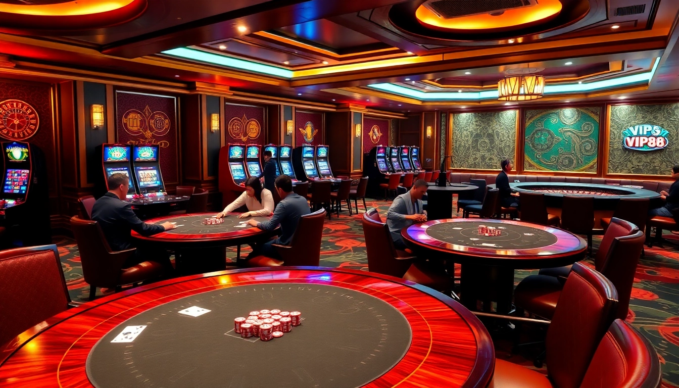 Players enjoying thrilling casino games at Vip88's luxurious gambling venue.