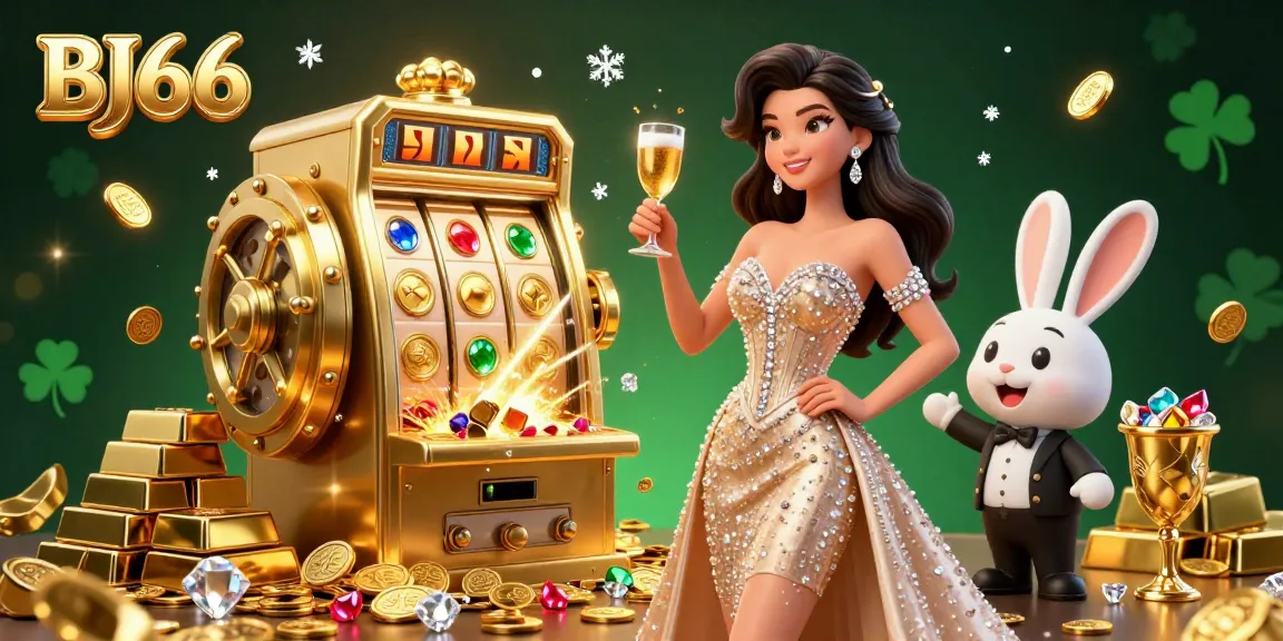 BJ66 players winning big at the jackpot slot machine while toasting with a sparkling drink in a glamorous casino setting.