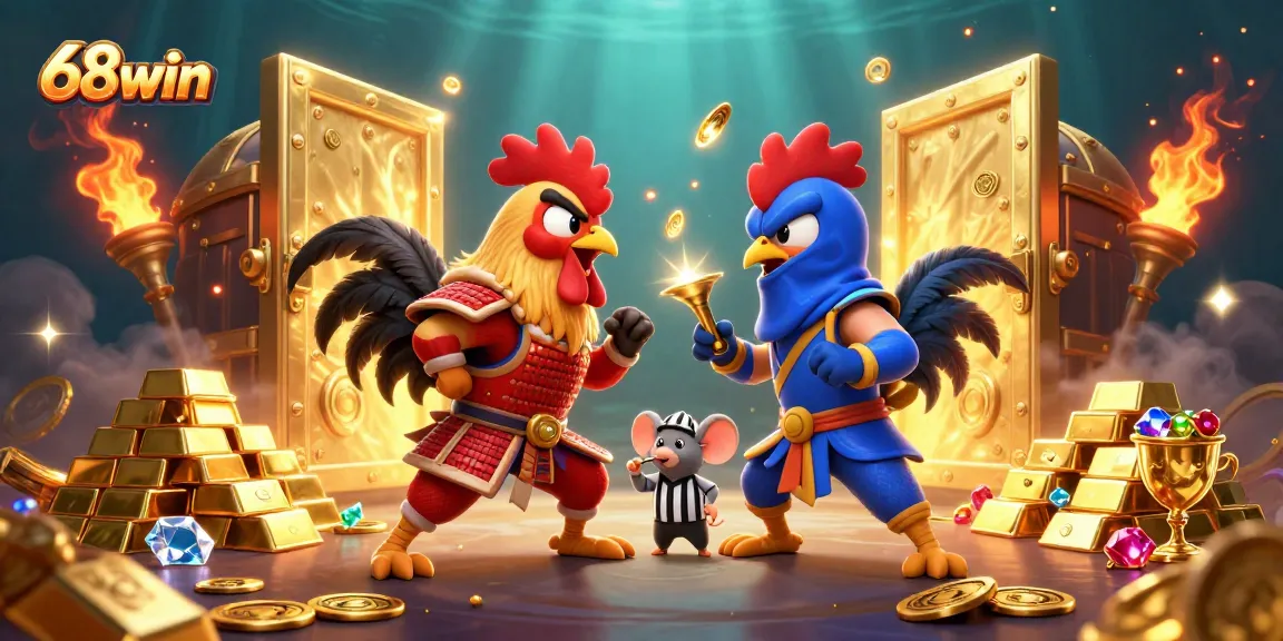 68win showcases a dramatic rooster showdown, blending casino excitement with vibrant energy.