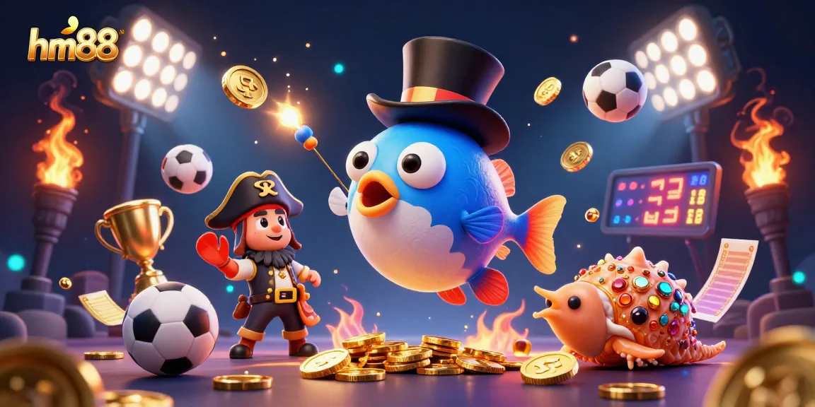 Engage in high-stakes gaming action with hm88, featuring vibrant casino characters and dynamic sports elements.