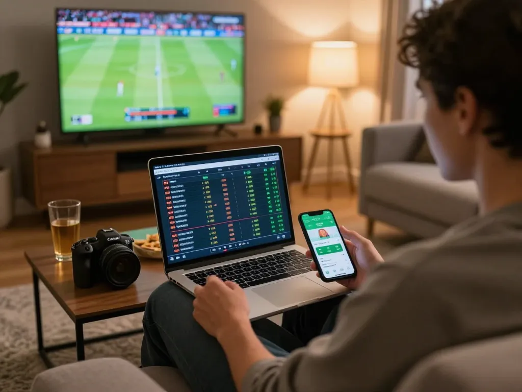 Betting on live sports at home with 789win on a laptop, creating an exciting atmosphere.