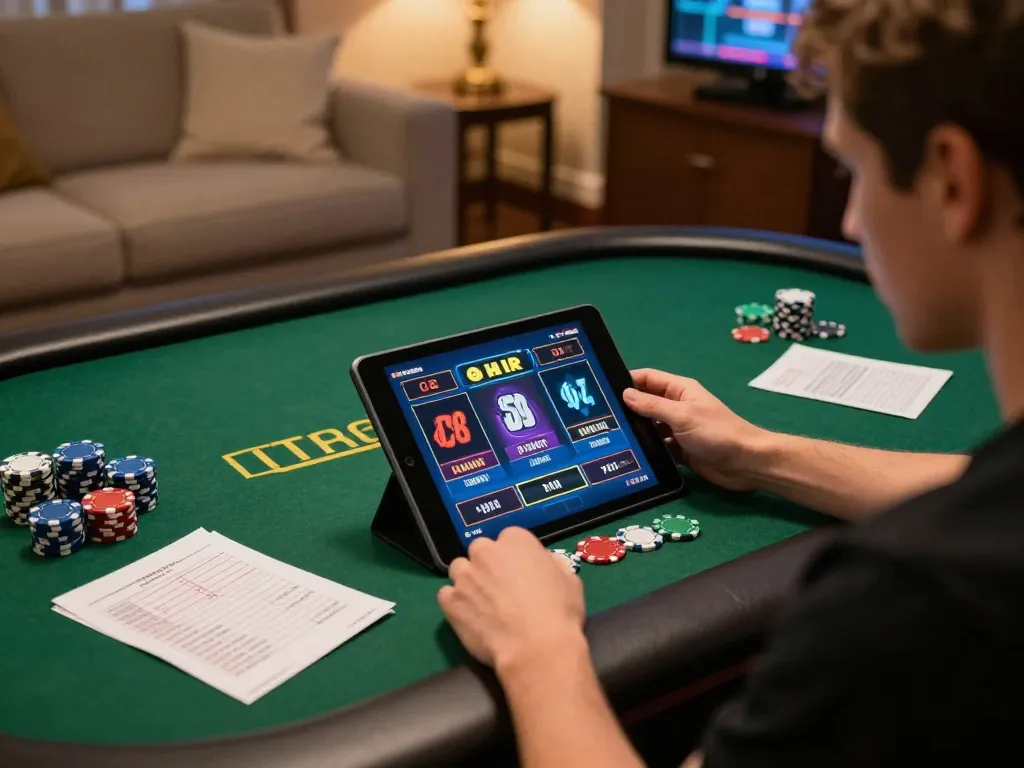 Engaging player exploring the O8 HAIR gaming interface on a tablet, surrounded by poker chips and notes.