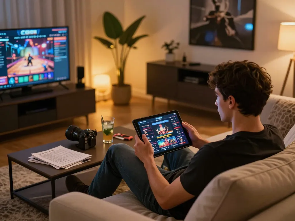 TG88 user immersed in online casino gaming on tablet, showcasing warm home environment and gaming strategy notes.