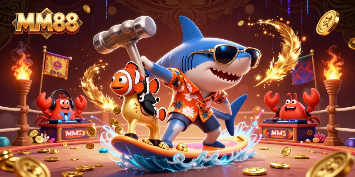 Experience thrilling MM88 action with vibrant characters surfing on gold coins amidst dynamic gambling elements.