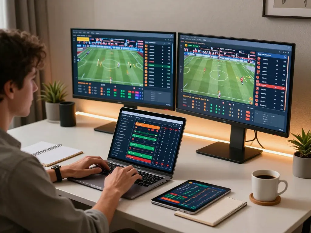 Experience sports betting with bsport at a stylish home office setup, showcasing live events and analysis.