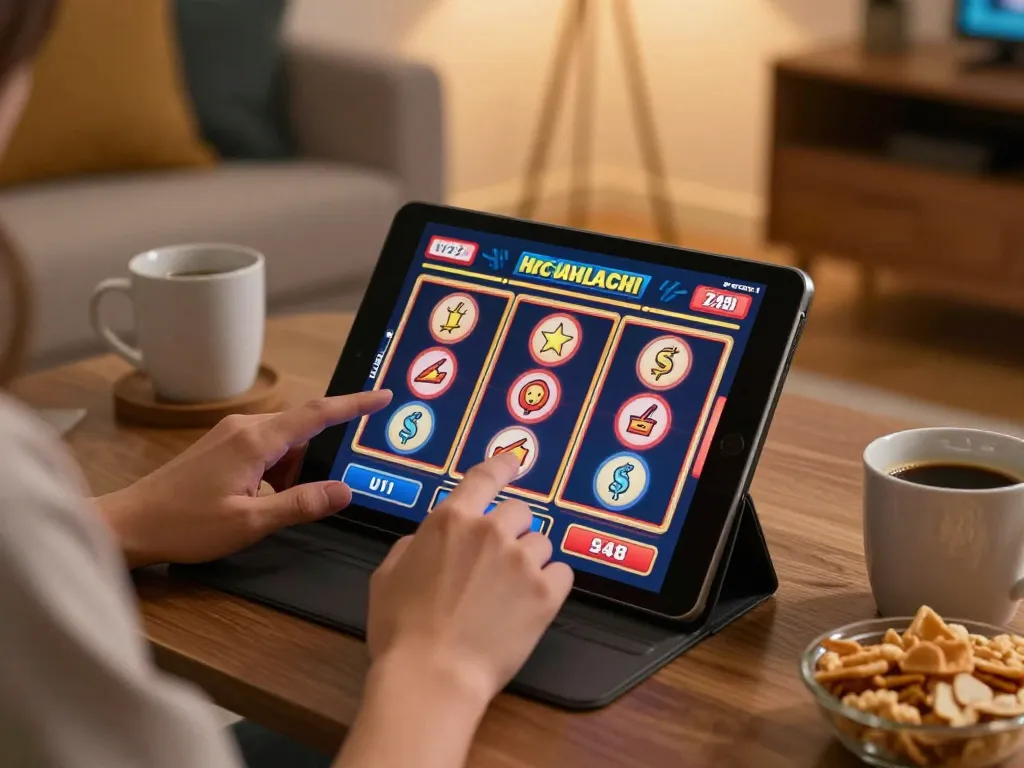 Player engaging with Tin88’s online slots on tablet in cozy home, emphasizing strategic gaming experience.