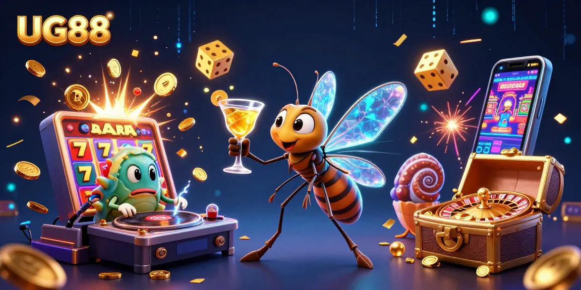 Engage with UG88's colorful casino experience featuring a dynamic scene of cartoon characters amidst vibrant gaming elements.