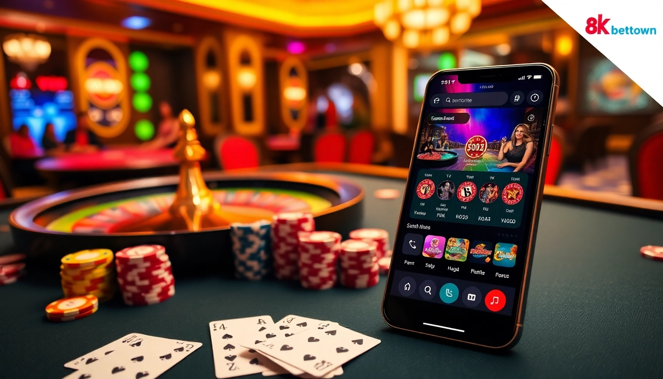 Experience luxury and excitement at 8kbet.town with poker, roulette, and vibrant gaming visuals.