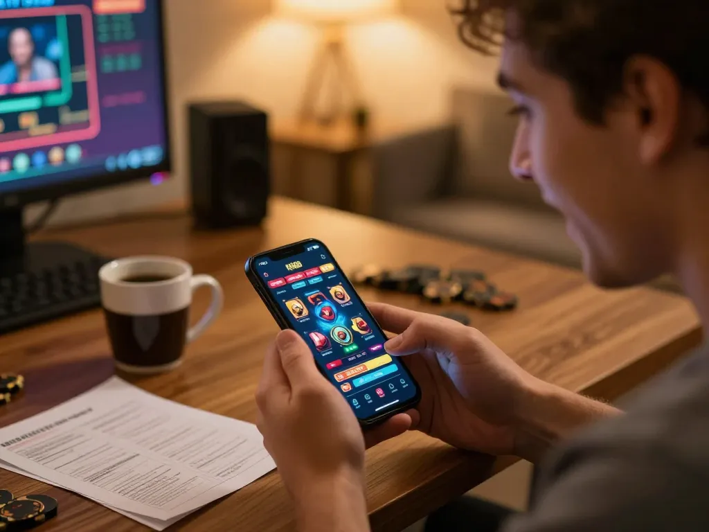 Người chơi hứng thú tận hưởng ứng dụng casino KO66 trên smartphone trong phiên chơi game trực tuyến.