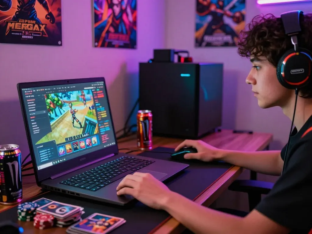 Intense gaming session showcasing rikvip platform on modern laptop with vibrant colors and energy.