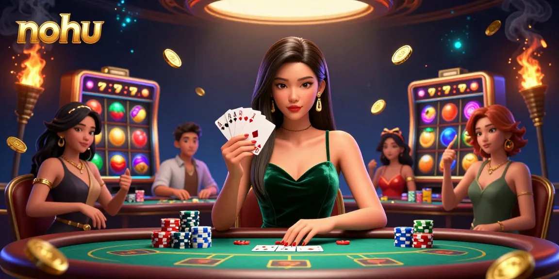 Engage in thrilling nohu casino gameplay with stunning slot elements and an elegant woman at the poker table.