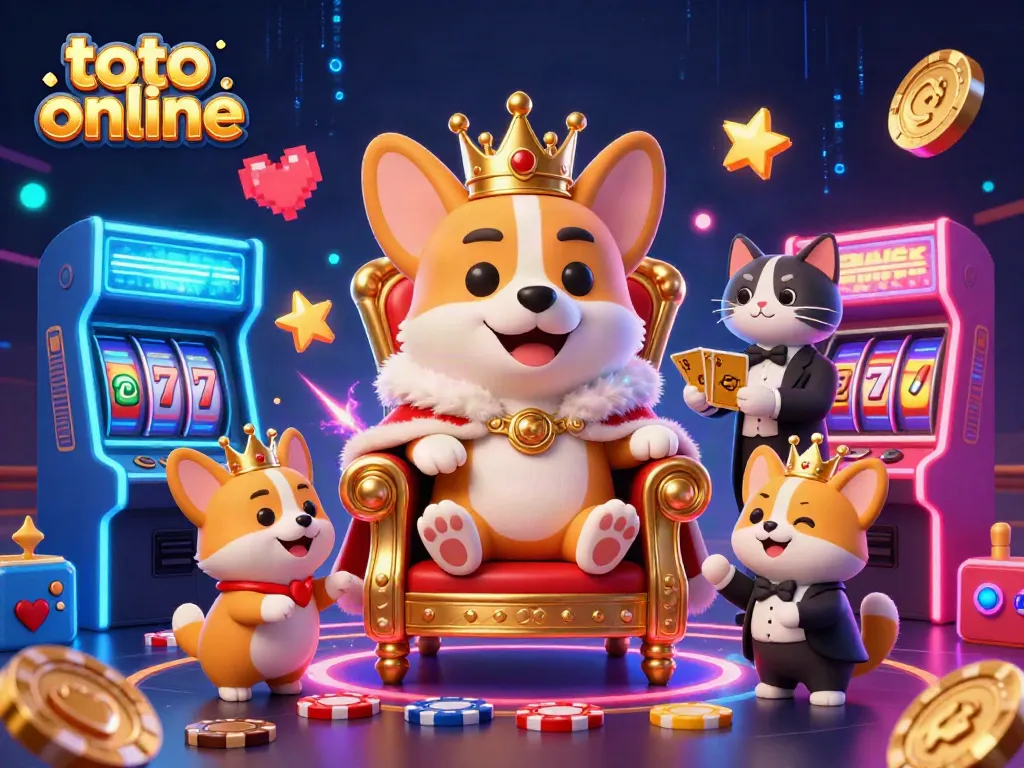 Experience the excitement of toto online with a royal corgi on a poker chip throne, vibrant casino ambiance.