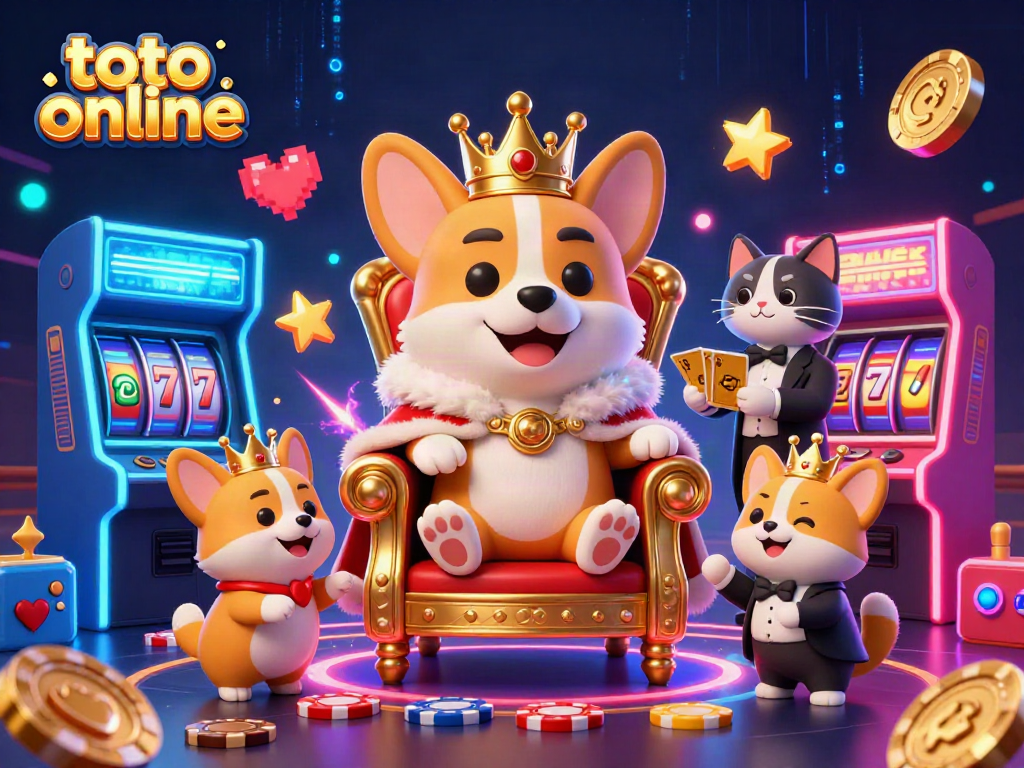 Experience the excitement of toto online with a royal corgi on a poker chip throne, vibrant casino ambiance.