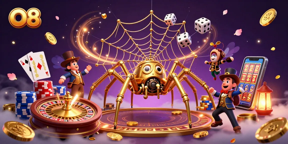 Play exciting games at O8 with golden elements and a steampunk-themed casino illustration