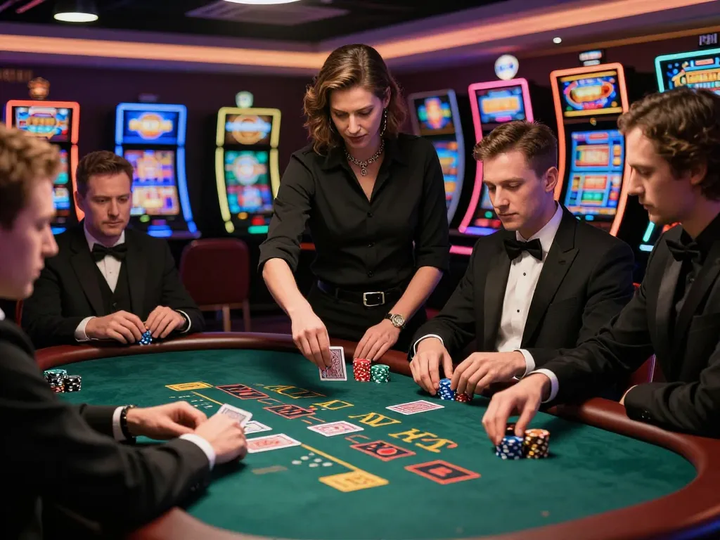 Players engaged at a CM88 blackjack table, showcasing strategy and excitement in a vibrant casino atmosphere.