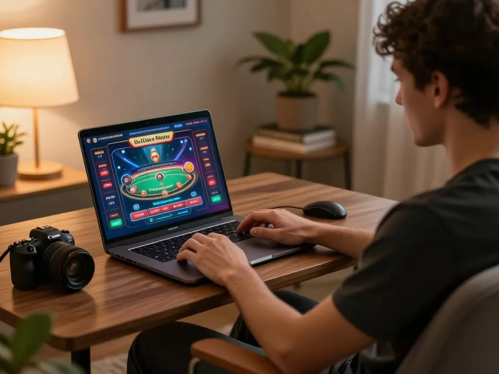 okfun player strategizing in an online casino game from home
