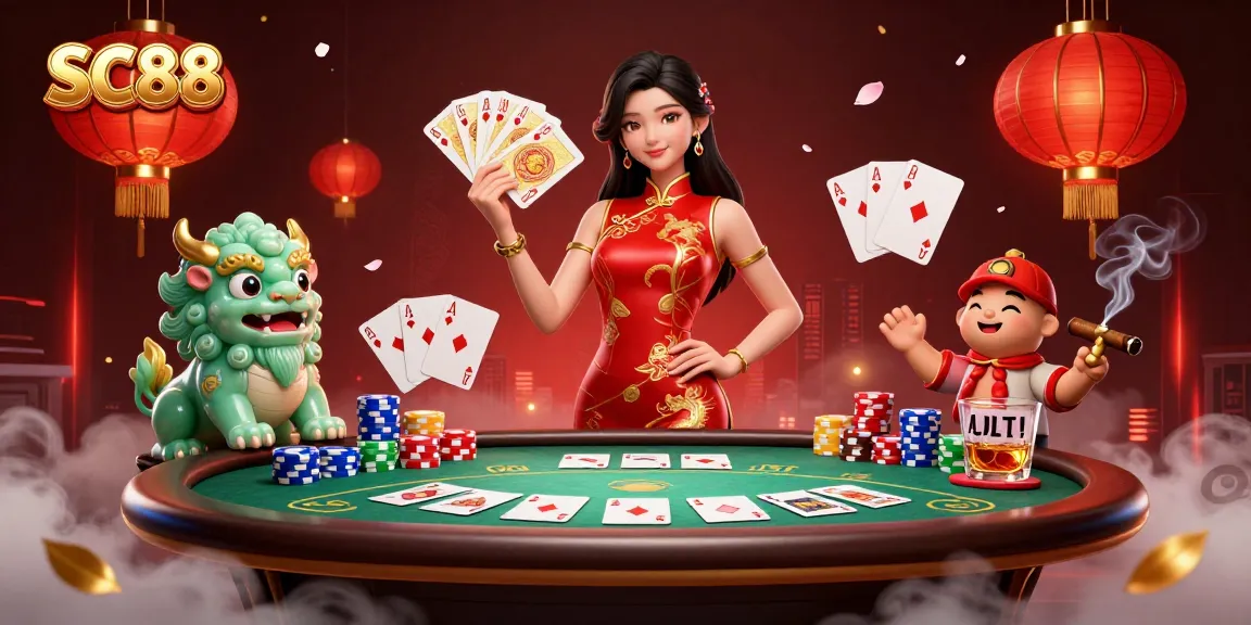 Play poker with SC88's elite casino illustration featuring vibrant characters and dynamic elements.