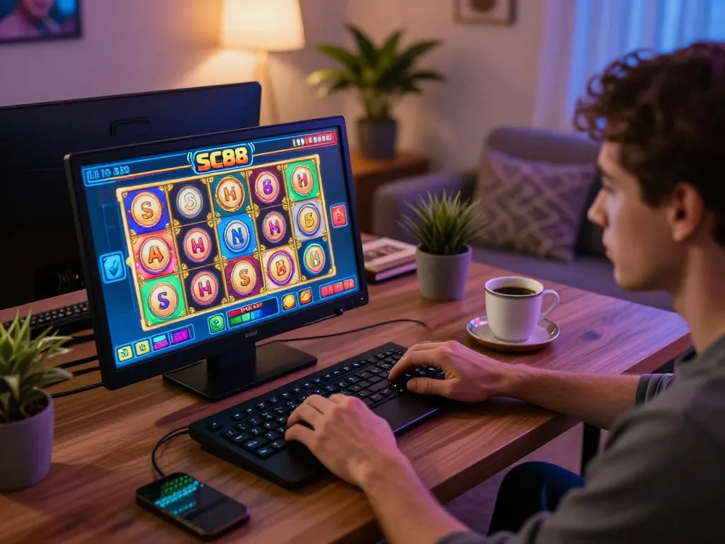 Player immersed in SC88 online gaming on laptop with colorful slot interface displayed