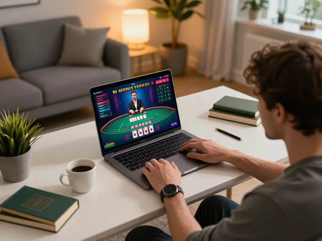 Player enjoying online blackjack at XX88 with a laptop in a cozy home environment
