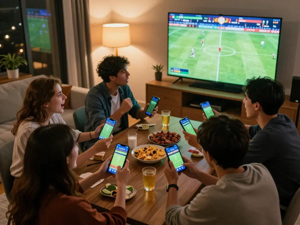 Socolive users engage in live sports betting while watching a soccer match with friends, capturing excitement.