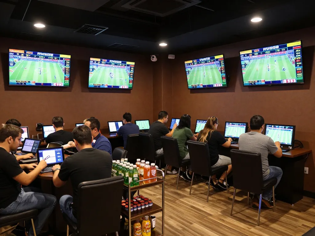 Five88 customers engaging in exciting sports betting at a vibrant lounge with multiple screens.