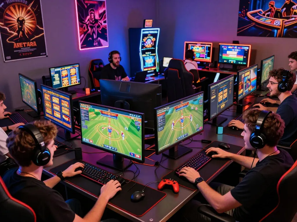 Diverse gamers enjoying hitclub platform in vibrant room with dynamic screens.