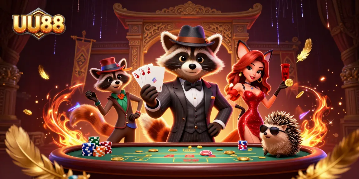 Join the excitement at UU88 with a suave raccoon and charming fox in a lively poker scene filled with vibrant elements.