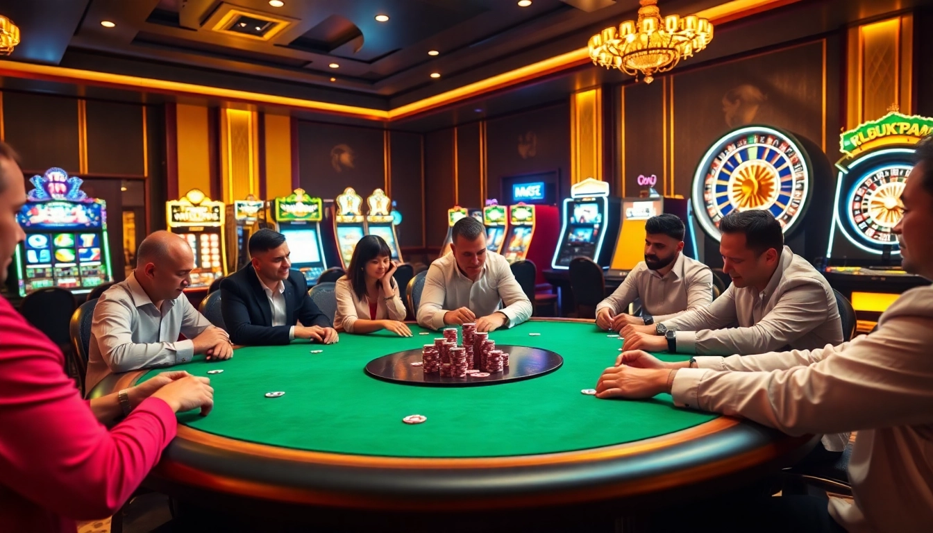 Experience high-stakes excitement with a luxurious scene from https://vipwin.co.uk/ featuring poker tables and roulette wheels.