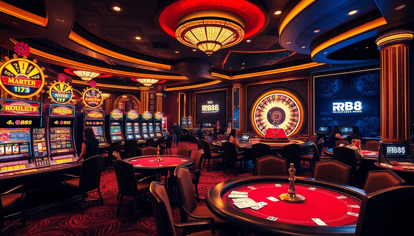 Experience the excitement of gambling at RR88 with vibrant casino visuals and engaging gameplay elements.