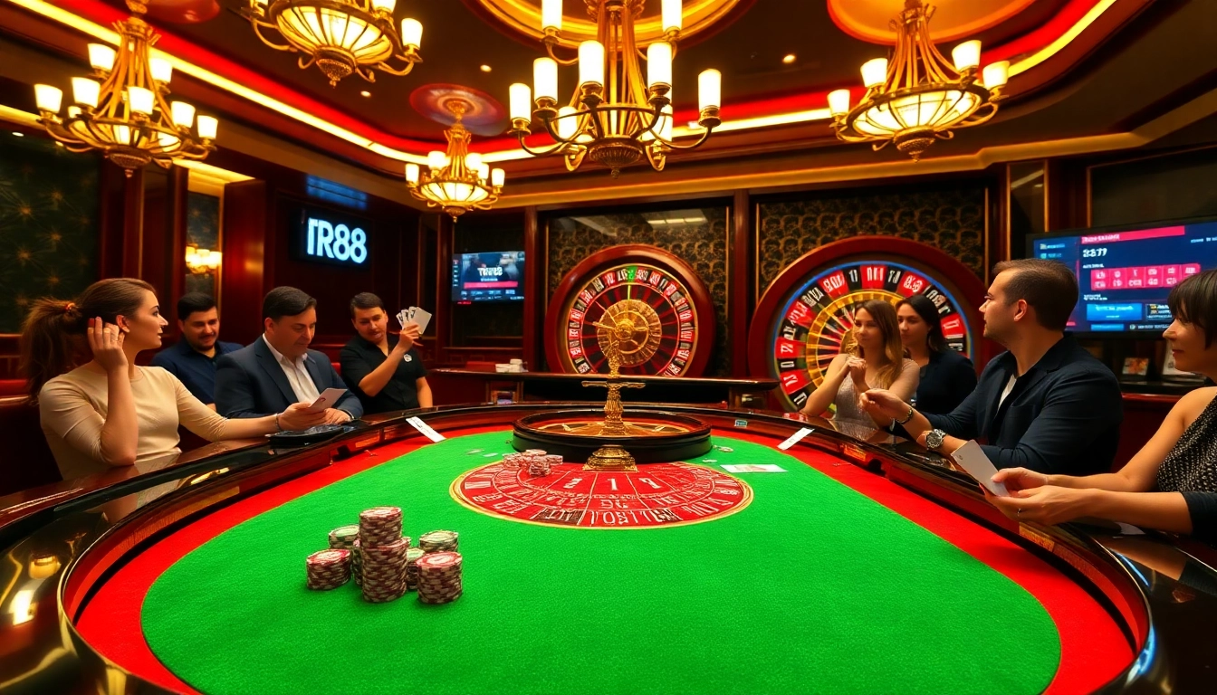 Players at TR88 blackjack table enjoying a thrilling casino experience with vibrant poker chips.