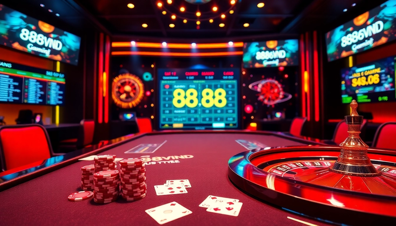 Exciting scene at 888VND online casino featuring vibrant gaming elements and luxurious design.