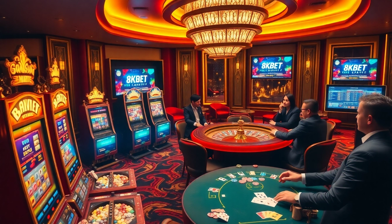 Experience the thrill of betting at 8KBET with luxurious casino games and vibrant scenes.