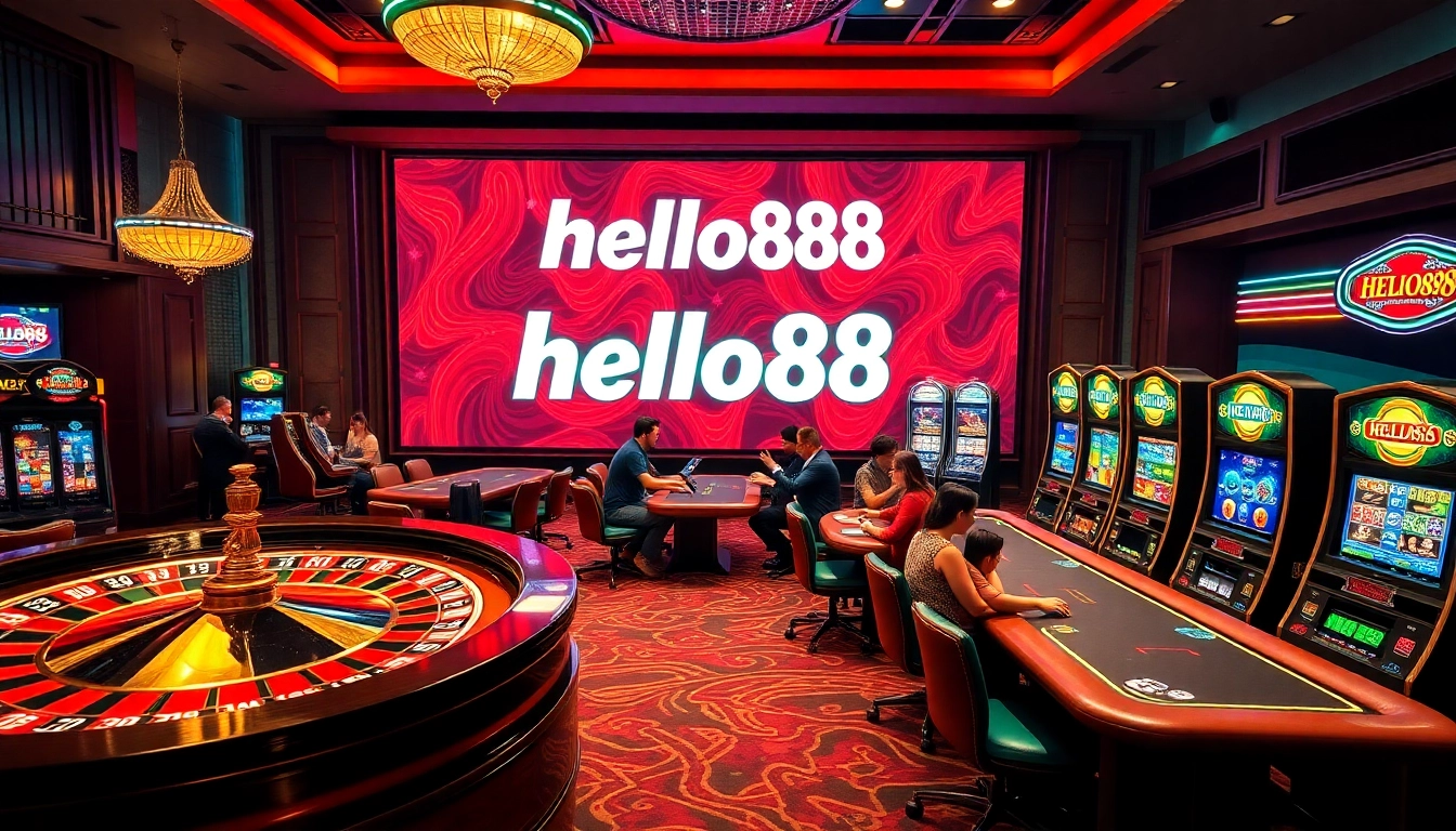 Hello88 casino scene showcasing engaging players at roulette and poker tables, highlighting vibrant action.