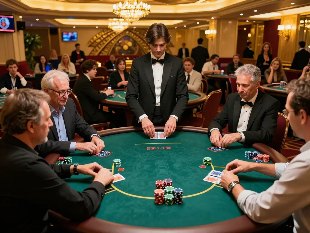 KO66 players enjoying intense poker gameplay at high-stakes table in luxurious casino environment