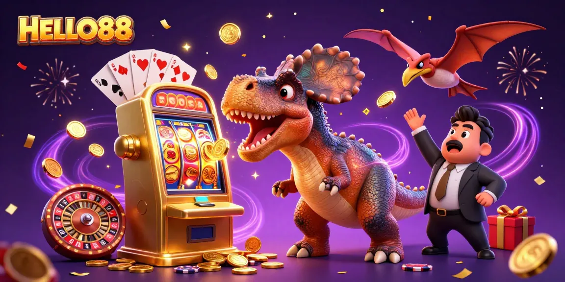 HELLO88 brings excitement with a dinosaur and casino scene, showcasing thrilling gaming action.