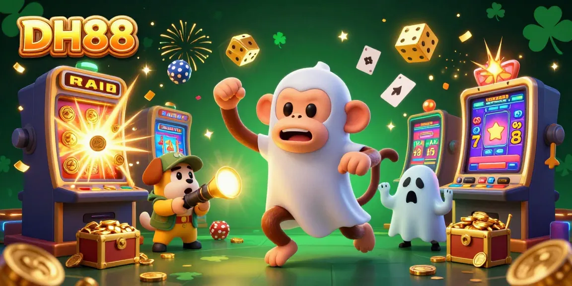 Experience thrilling gameplay at DH88 with this vivid illustration of a poltergeist monkey juggling casino treasures.