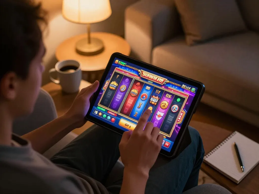Engaging gameplay on 58wiin's online slots, showcasing user-friendly interface in a cozy home setting.
