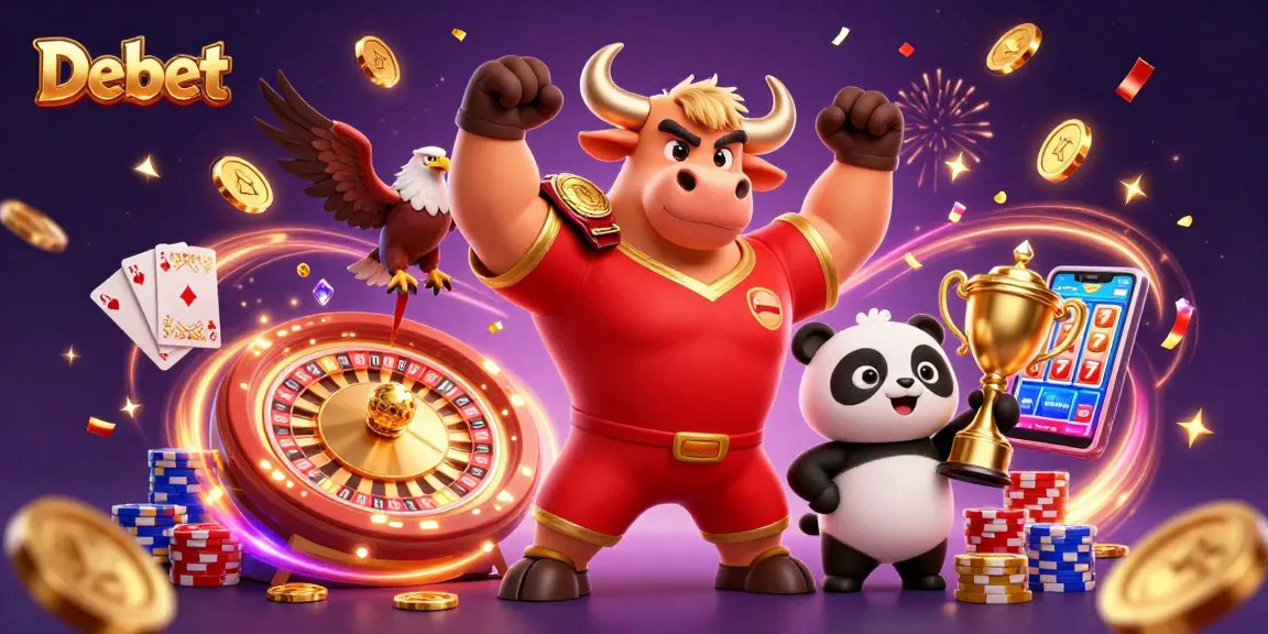 Debet showcases a dynamic gambling scene with a victorious bull, eagle, and trophy panda.