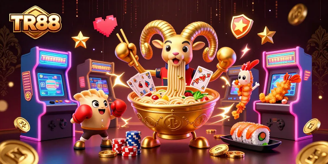 Engage in thrilling gameplay at TR88, where a giant ramen bowl deals cards among vibrant casino elements.