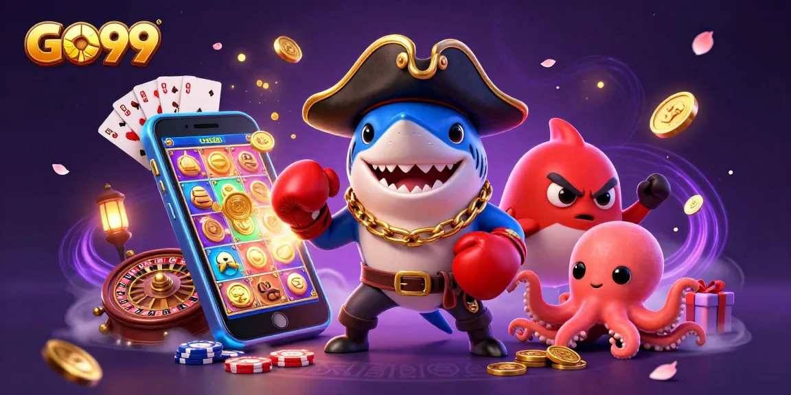 GO99 engages players with an exciting casino illustration featuring vibrant characters and games.