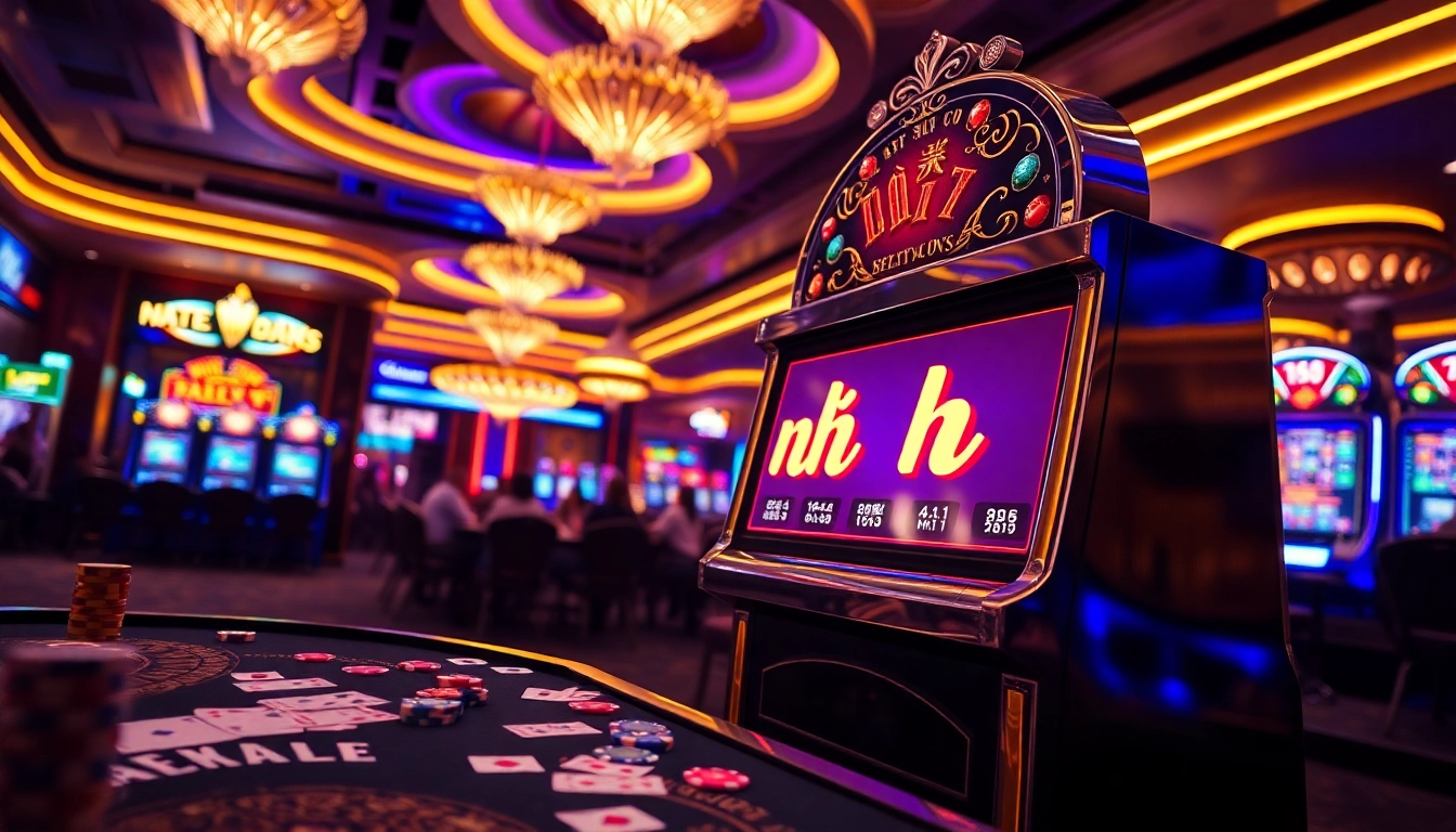 Nổ hũ gaming excitement with a vibrant slot machine and casino atmosphere.