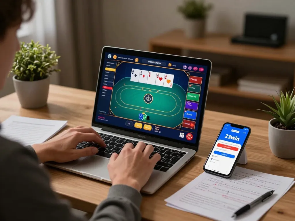 Engage in strategic online gaming at 23win with a cozy home setup showcasing poker gameplay.