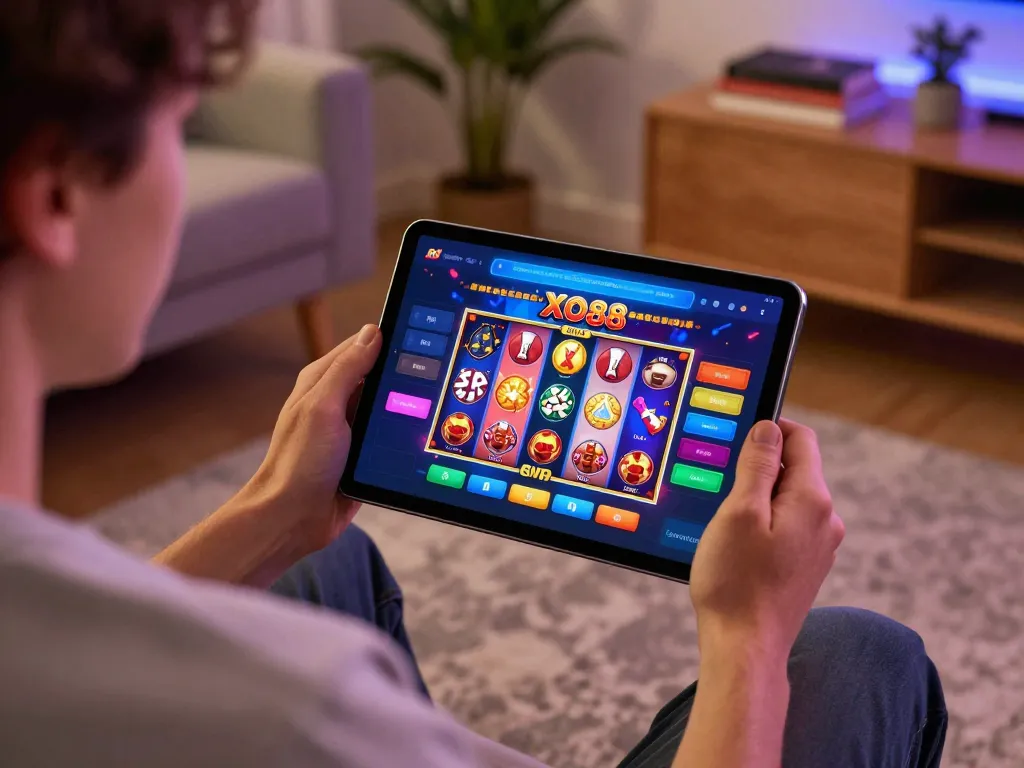 Experience immersive gameplay on XO88 with engaging slot games showcased on a tablet in a cozy setting