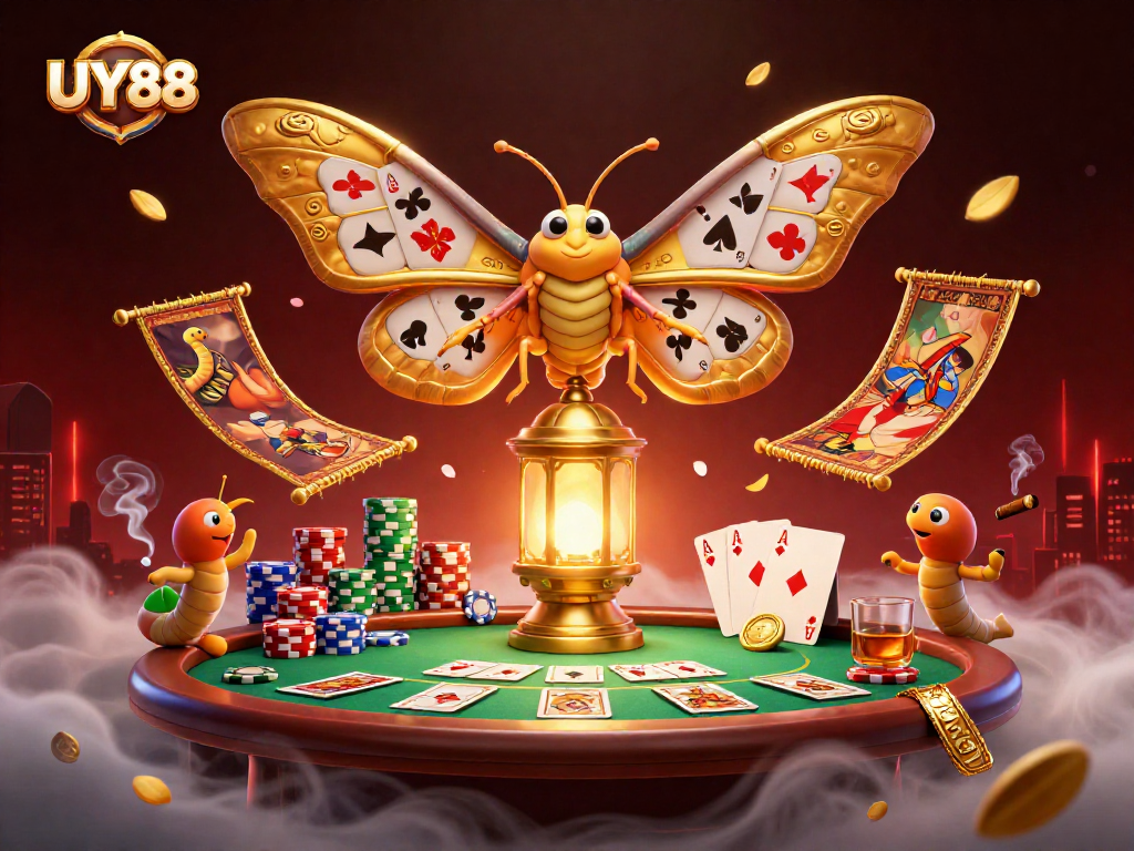Experience the excitement at UY88 with a vibrant casino scene featuring golden moths and poker elements.