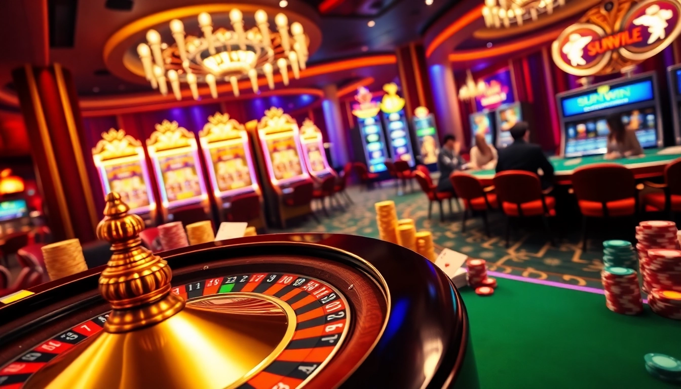 SUNWIN casino scene with roulette wheel, poker chips, and players enjoying a thrilling game