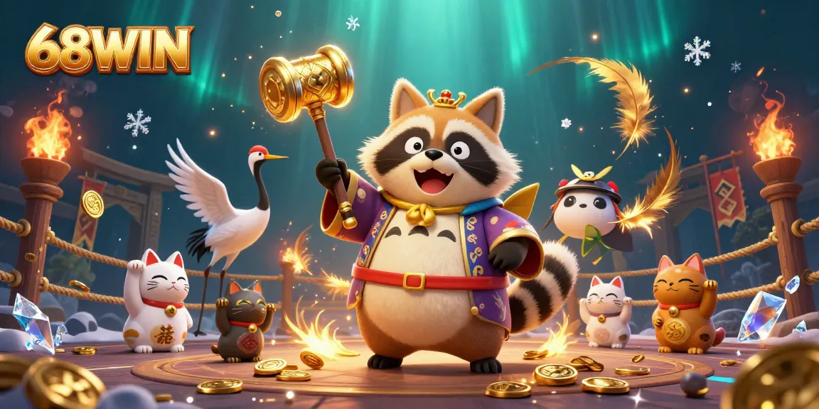 Experience thrilling games at 68WIN, featuring vibrant casino elements and cheerful characters.