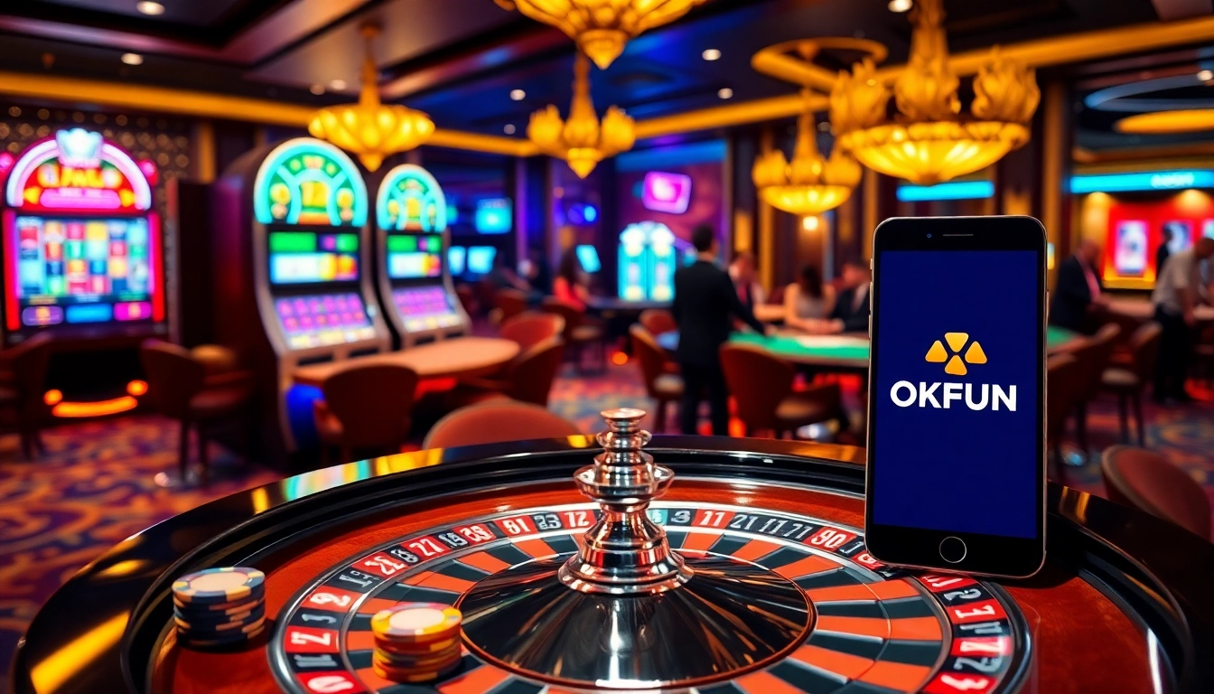 Experience the thrill of OKFUN at a luxurious casino with roulette and live dealers.