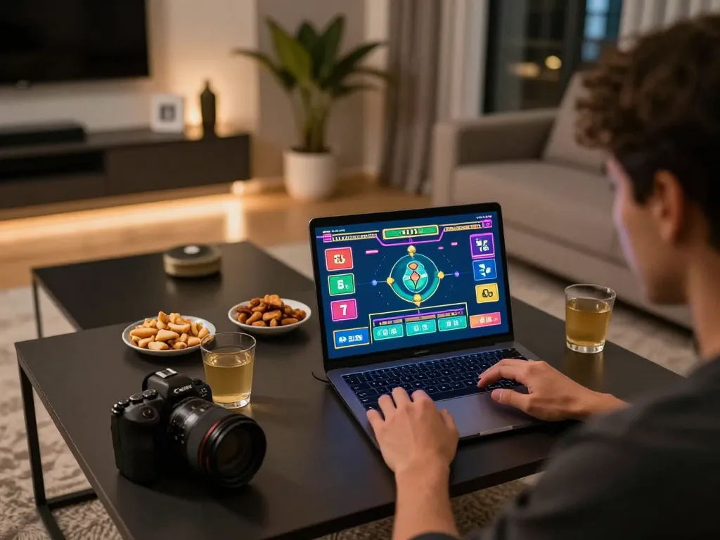 Person playing va88 online casino game on laptop in a cozy home environment