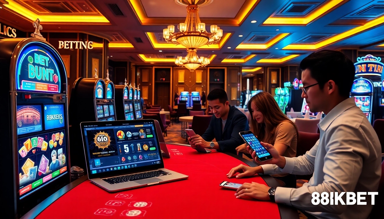 Engaging visual of trang chủ 8kbet illustrating a luxury online betting scene with diverse gamblers and vibrant casino elements.