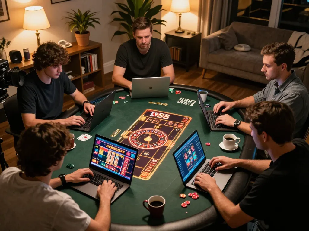 Players enjoying online casino games on LV88 platform in a cozy home setting